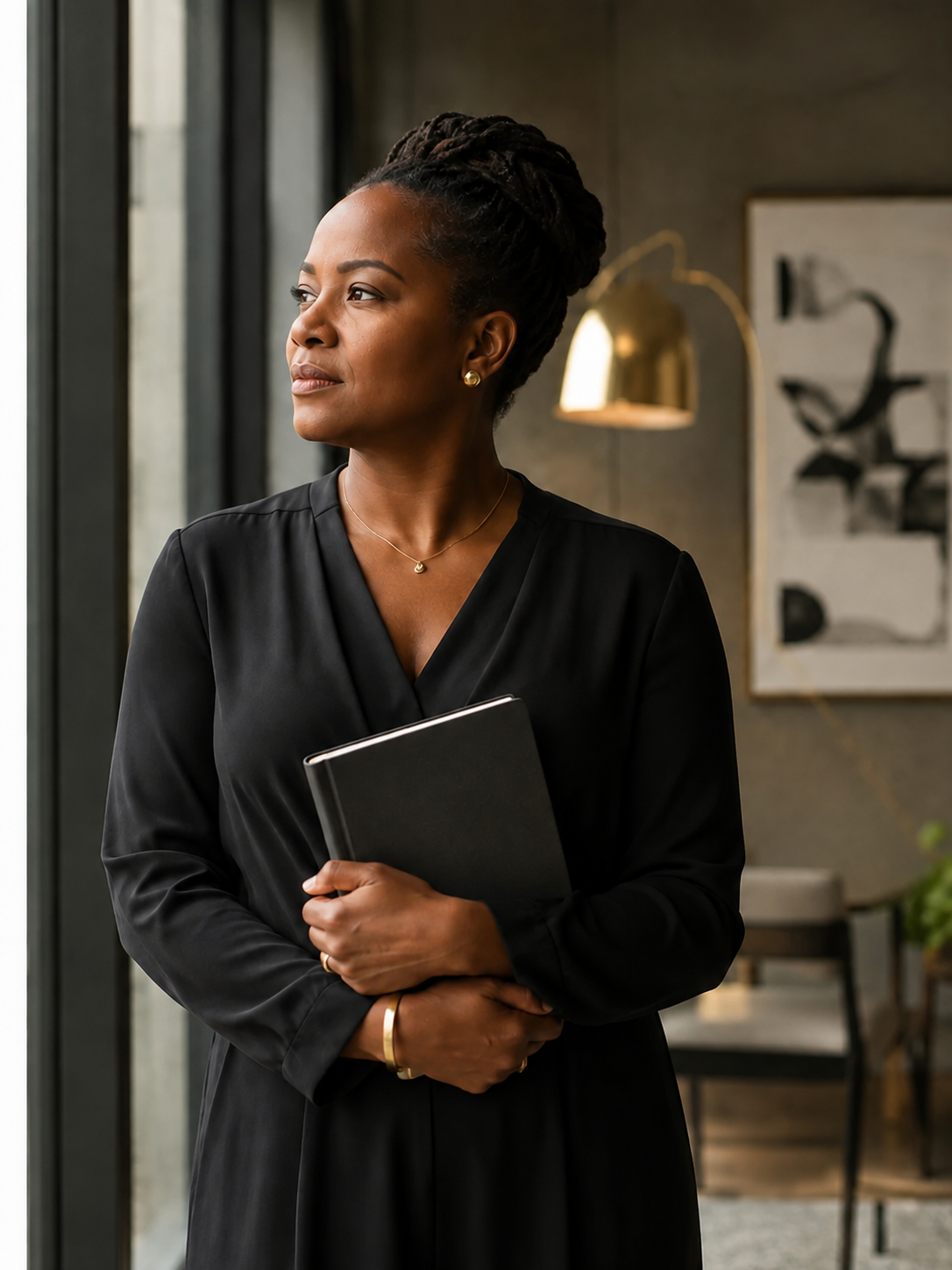 Reflective Black woman leader representing personal mastery, self-awareness and authentic leadership